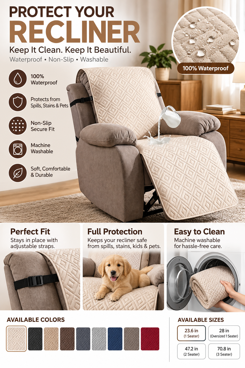 Beige waterproof recliner chair cover protecting a work from home reading chair from kids and pets