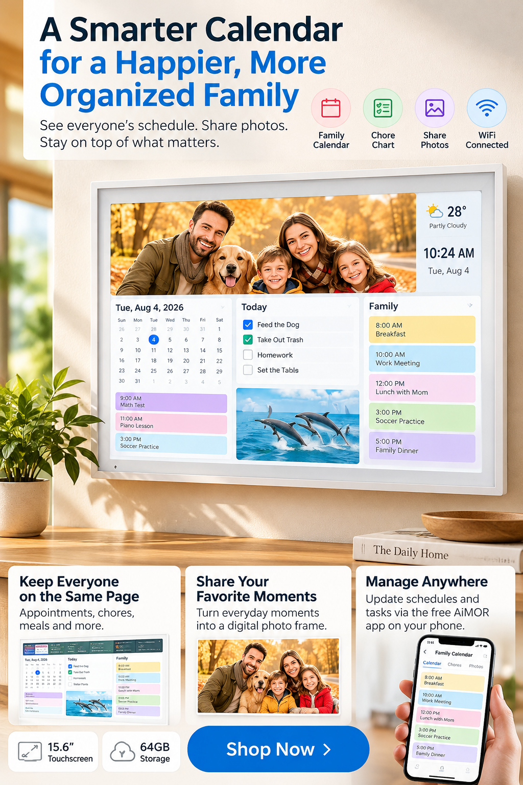 15.6 inch touchscreen digital family calendar and chore chart mounted on a home office wall
