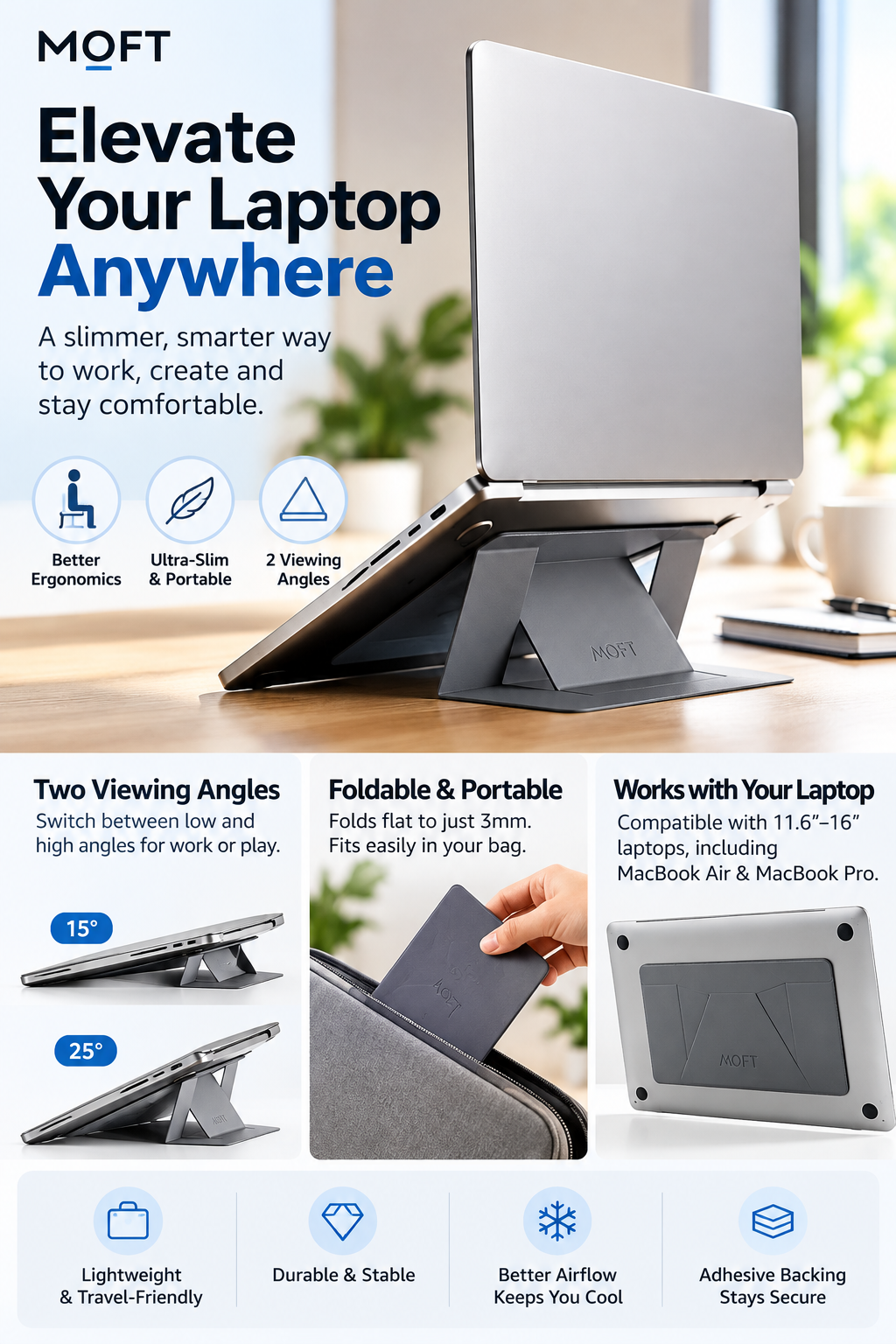MOFT foldable adhesive laptop stand for a work from home desk setup