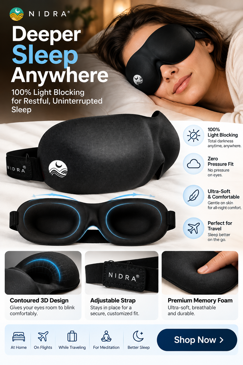 Black contoured blackout sleep mask for power naps when working from home